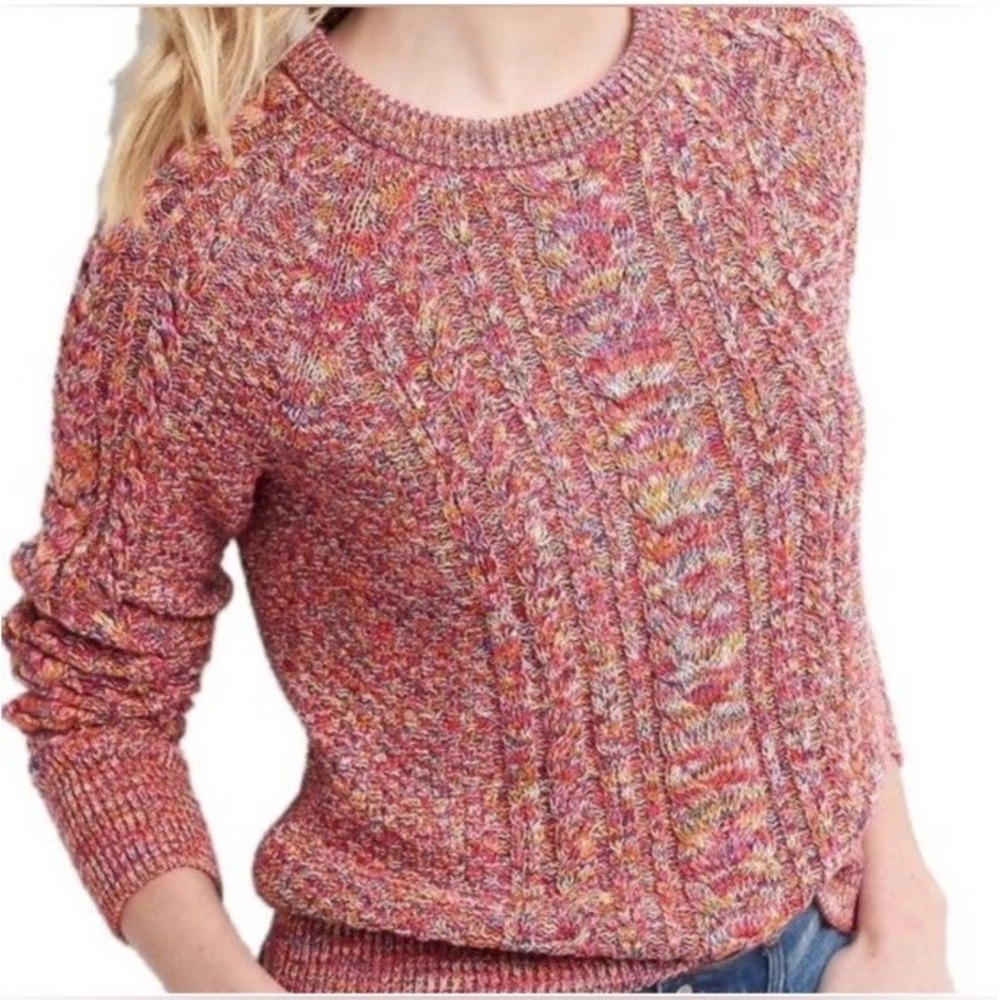 Gap Womens Jumper Size Small Cable Knit 100% Cotton Pink Multi Round‎ Neckline